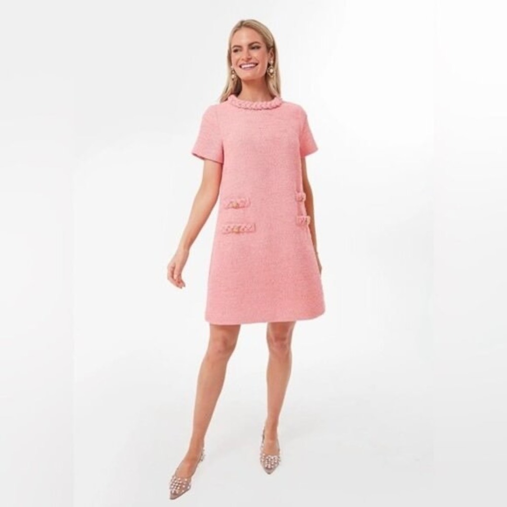 Tuckernuck Pink Tweed Braided Trim Jackie Dress Short Sleeve Gold Button M - Picture 2 of 5